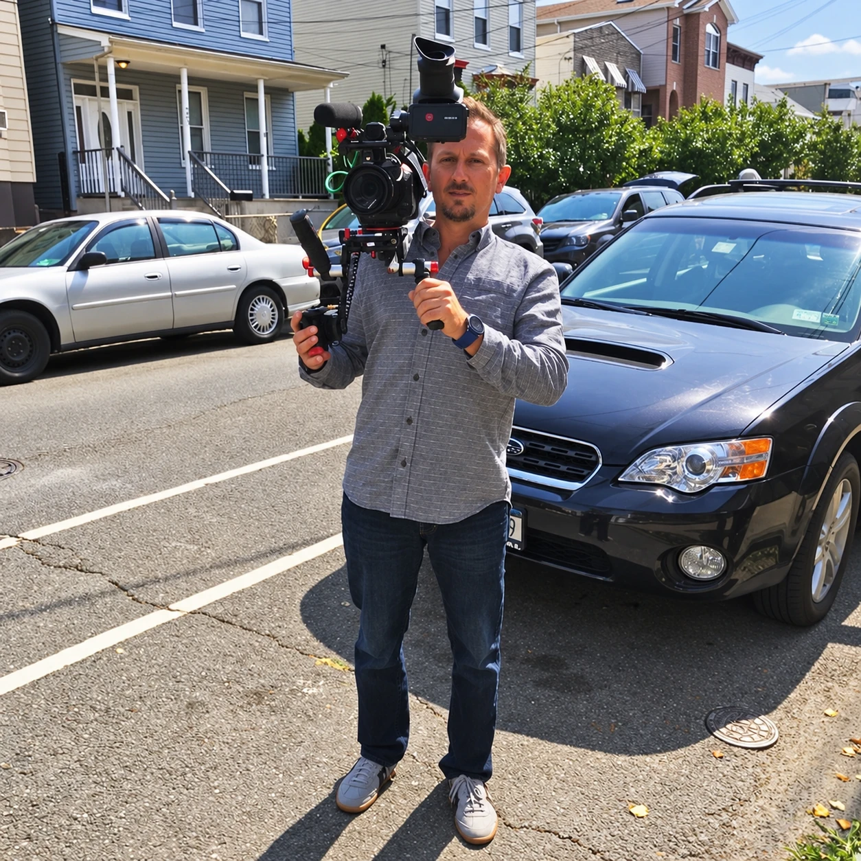 Sergio Myers filming on location with a handheld camera rig.